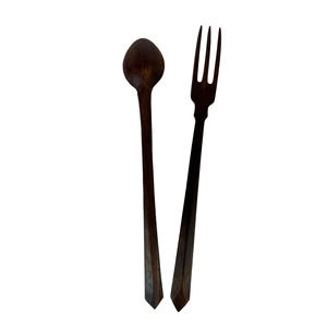 Vintage Hand Carved Long Wooden Salad Serving Set Fork Spoon Serving Utensils